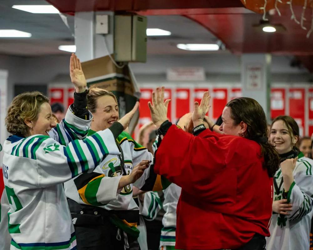 Hockey supporters celebrating indoors