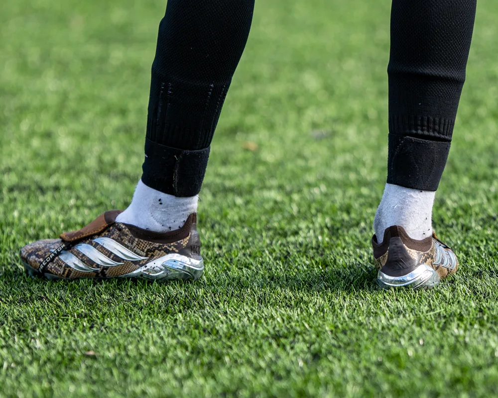 Detail of football boots on the pitch. H&W Welders Reserves v Warrenpoint Reserves.