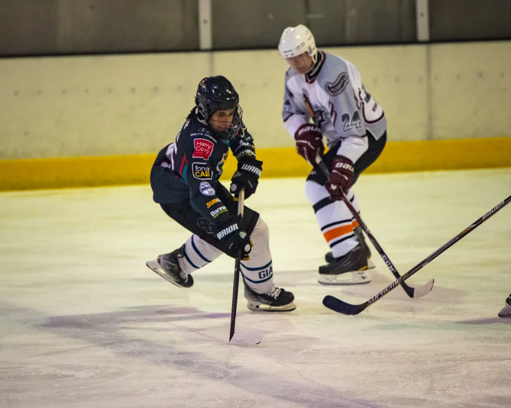 Players face each other over their sticks. Belfast Phoenix v Wild Hawks.