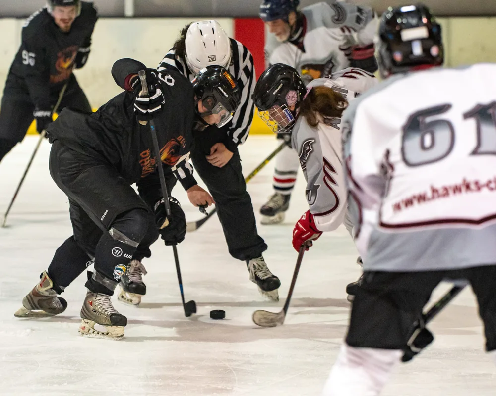 Players contest the puck. Belfast Phoenix v Wild Hawks.